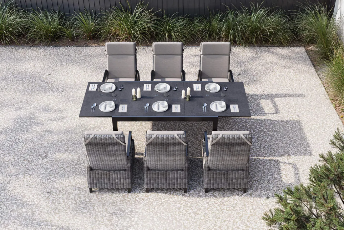 Clearance SIENA GARDEN Premium Garten-Essgruppe, anthrazit matt/grau, Aluminium und Polyrattan, Tisch 160/260 x 100 cm, 6 Dining-Sessel Garten-Essgruppen