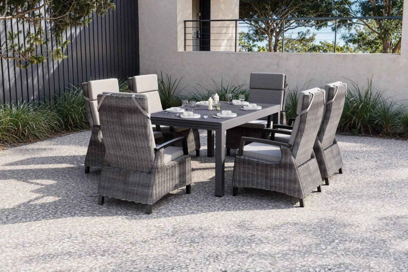 Clearance SIENA GARDEN Premium Garten-Essgruppe, anthrazit matt/grau, Aluminium und Polyrattan, Tisch 160/260 x 100 cm, 6 Dining-Sessel Garten-Essgruppen