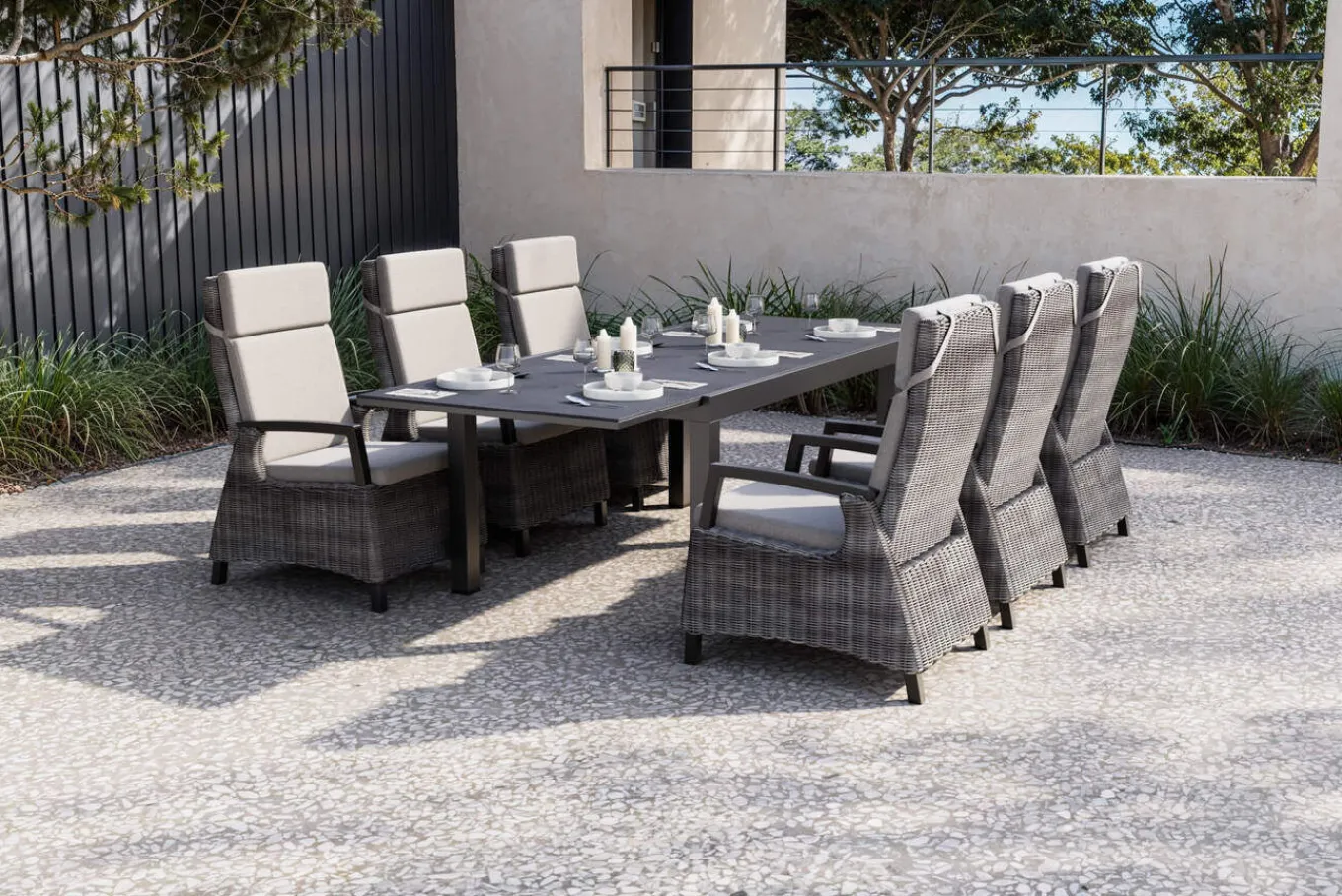 Clearance SIENA GARDEN Premium Garten-Essgruppe, anthrazit matt/grau, Aluminium und Polyrattan, Tisch 160/260 x 100 cm, 6 Dining-Sessel Garten-Essgruppen