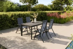 Silva Garten-Essgruppe mit 4 Klappstühlen, anthrazit/grau, Alu/Textilene, Esstisch mit Keramikplatte 160 x 90 cm Garten-Essgruppen|Aluminium-Gartenmöbel