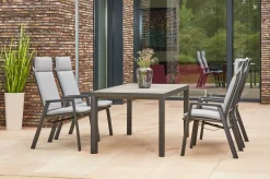 Best Silva/Valencia Garten-Essgruppe, anthrazit/grau, Alu/Textilgewebe/Keramik, 160 x 90cm, inkl. 4 Diningsessel, stufenlos verstellbar Garten-Essgruppen