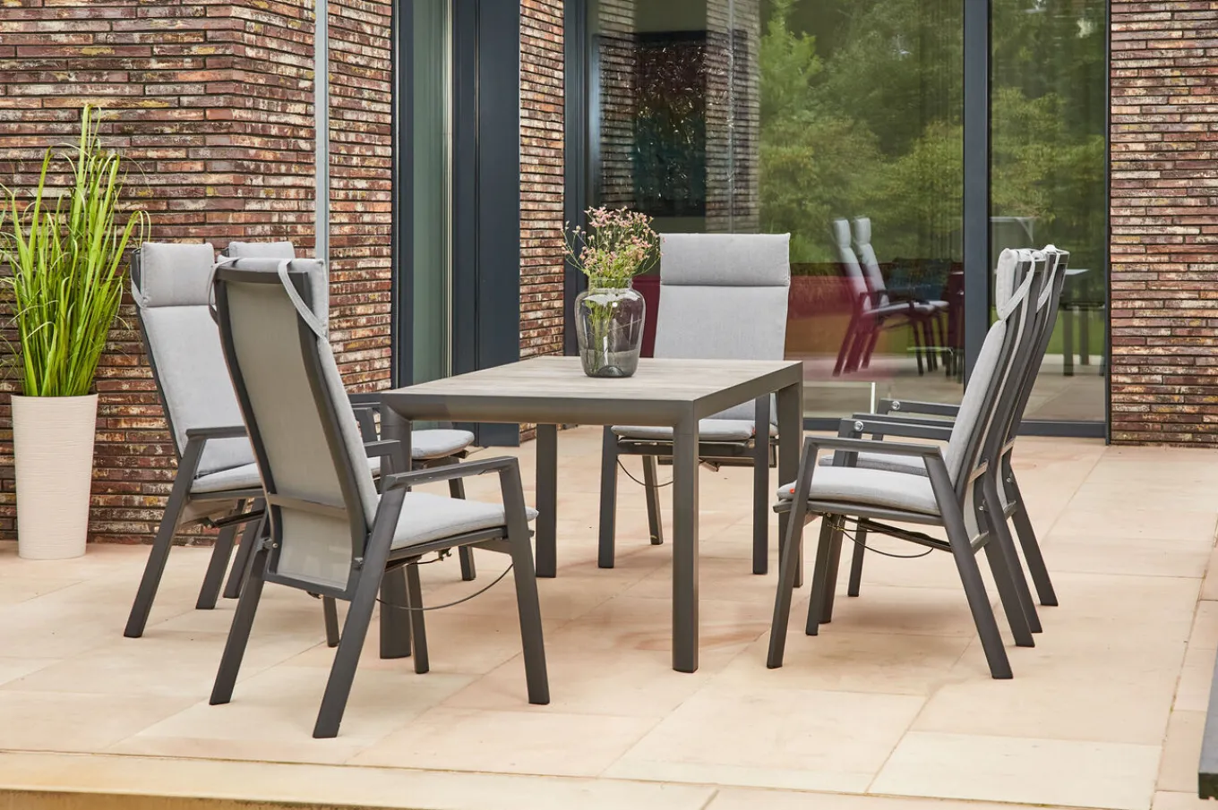 Outlet Silva/Valencia Garten-Essgruppe, anthrazit/grau, Alu/Textilgewebe/Keramik, 160 x 90cm, inkl. 6 Diningsessel, stufenlos verstellbar Garten-Essgruppen