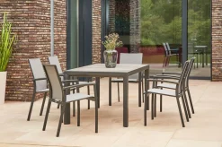 New Silva/Velia Garten-Essgruppe, anthrazit/grau, Alu/Ranotex®-Gewebe/Keramik, 160 x 90cm, inkl. 6 Diningsessel Garten-Essgruppen
