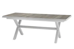Outlet Sincro/Velia Garten-Essgruppe für 6 Personen, matt weiß-grau/washed grey, Alu/Ranotex, ausziehbare Tischplatte aus Keramik, stapelbare Stühle Aluminium-Gartenmöbel