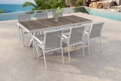 Outlet Sincro/Velia Garten-Essgruppe für 6 Personen, matt weiß-grau/washed grey, Alu/Ranotex, ausziehbare Tischplatte aus Keramik, stapelbare Stühle Aluminium-Gartenmöbel