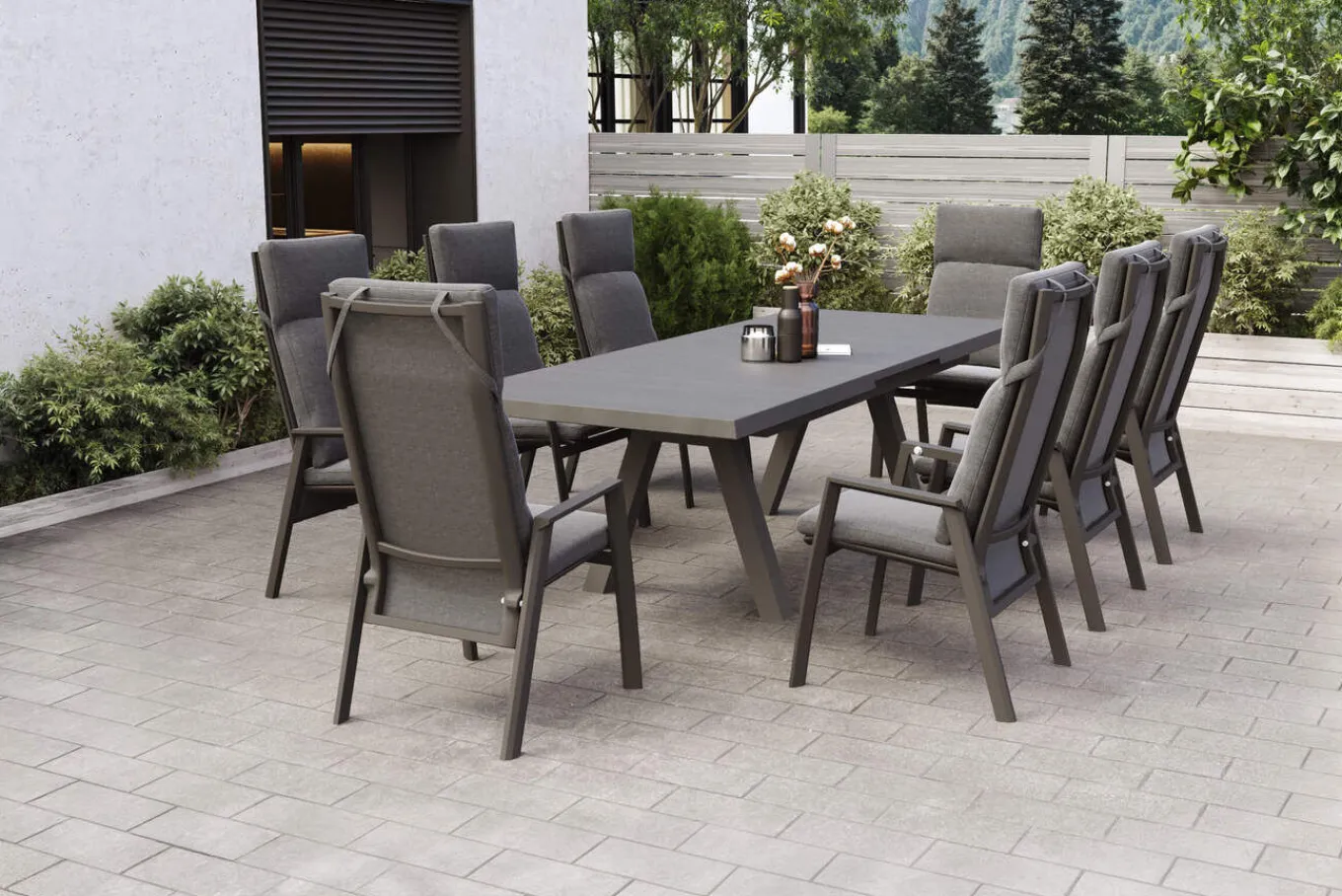SIENA GARDEN Tirana/Valencia Garten-Essgruppe, matt anthrazit/wood-grey, Aluminium/Keramik, Ausziehtisch, 8 Dining Sessel Garten-Essgruppen|Aluminium-Gartenmöbel