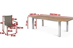 Cardiff Garten-Essgruppe, silber/taupe, Edelstahl/recyceltes Teak, Tisch 200/260 x 100 cm, 6 Stapelsessel, FSC®-zertifiziertes Produkt Garten-Essgruppen