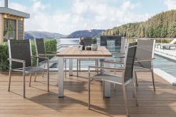 Cardiff Garten-Essgruppe, silber/taupe, Edelstahl/recyceltes Teak, Tisch 200/260 x 100 cm, 6 Stapelsessel, FSC®-zertifiziertes Produkt Garten-Essgruppen