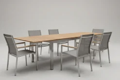 Sale Cardiff Garten-Essgruppe, silber/taupe, Edelstahl/Teak, Tisch 200/300 x 100 cm, 6 Stapelsessel, FSC®-zertifiziertes Produkt Edelstahl-Gartenmöbel