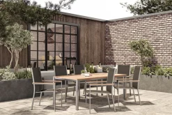 New Cardiff Garten-Essgruppe, silber/taupe, Edelstahl/Teak, Tisch 200 x 100 cm, 6 Stapelsessel Garten-Essgruppen|Edelstahl-Gartenmöbel