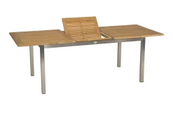 Discount Cardiff Garten-Essgruppe, silber/taupe, Edelstahl/Textilen/Teakholz, 162/220 x 90 cm, 6 Stapelsessel, Butterfly-Auszug Garten-Essgruppen|Edelstahl-Gartenmöbel