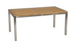 Discount Cardiff Garten-Essgruppe, silber/taupe, Edelstahl/Textilen/Teakholz, 162/220 x 90 cm, 6 Stapelsessel, Butterfly-Auszug Garten-Essgruppen|Edelstahl-Gartenmöbel