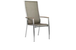 Discount Cardiff Garten-Essgruppe, silber/taupe, Edelstahl/Textilen/Teakholz, 162/220 x 90 cm, 6 Stapelsessel, Butterfly-Auszug Garten-Essgruppen|Edelstahl-Gartenmöbel