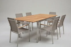 New Cardiff Garten-Essgruppe, silber/taupe, Edelstahl/Teak, Tisch 150/200 x 90 cm, 6 Stapelsessel Garten-Essgruppen