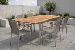 New Cardiff Garten-Essgruppe, silber/taupe, Edelstahl/Teak, Tisch 150/200 x 90 cm, 6 Stapelsessel Garten-Essgruppen
