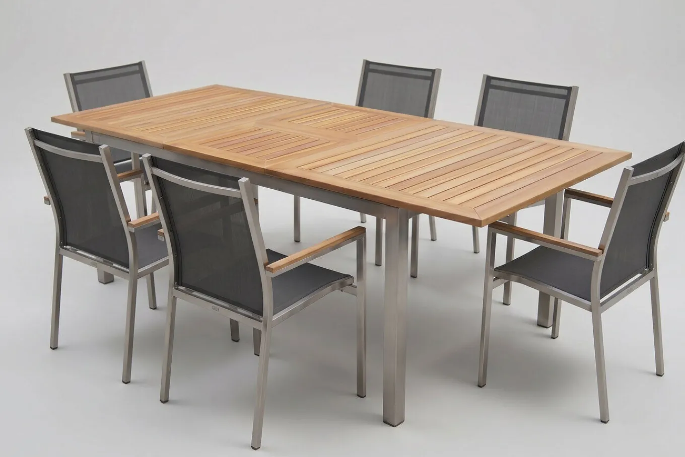 Sale Cardiff Garten-Essgruppe, silber/silbergrau, Edelstahl/Teak, Tisch 180/240 x 100 cm, 6 Stapelsessel, FSC®-zertifiziertes Produkt Garten-Essgruppen
