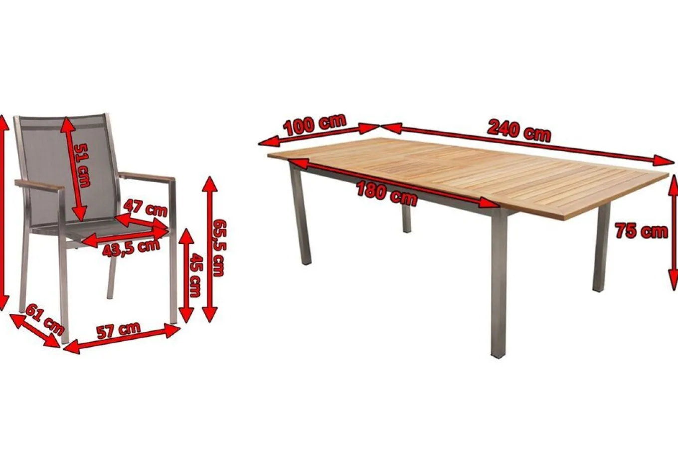 Sale Cardiff Garten-Essgruppe, silber/silbergrau, Edelstahl/Teak, Tisch 180/240 x 100 cm, 6 Stapelsessel, FSC®-zertifiziertes Produkt Garten-Essgruppen