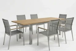 Discount Cardiff Garten-Essgruppe, silber/silbergrau, Edelstahl/recyceltes Teak, Tisch 200/260 x 100 cm, 6 Stapelsessel, FSC®-zertifiziertes Produkt Garten-Essgruppen|Edelstahl-Gartenmöbel