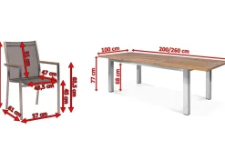 Discount Cardiff Garten-Essgruppe, silber/silbergrau, Edelstahl/recyceltes Teak, Tisch 200/260 x 100 cm, 6 Stapelsessel, FSC®-zertifiziertes Produkt Garten-Essgruppen|Edelstahl-Gartenmöbel