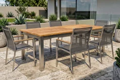 Outlet Cardiff Garten-Essgruppe, silber/silbergrau, Edelstahl/Teak, Tisch 220/340 x 100 cm, 6 Stapelsessel, FSC®-zertifiziertes Produkt Garten-Essgruppen