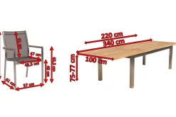 Outlet Cardiff Garten-Essgruppe, silber/silbergrau, Edelstahl/Teak, Tisch 220/340 x 100 cm, 6 Stapelsessel, FSC®-zertifiziertes Produkt Garten-Essgruppen