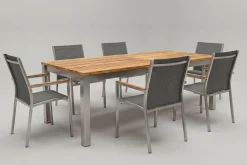 Outlet Cardiff Garten-Essgruppe, silber/silbergrau, Edelstahl/Teak, Tisch 220/340 x 100 cm, 6 Stapelsessel, FSC®-zertifiziertes Produkt Garten-Essgruppen