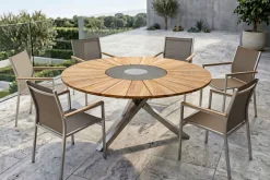 Best Cardiff Garten-Essgruppe, silber/taupe, Edelstahl/Teak, Tisch Ø 170 cm, 6 Stapelsessel, FSC®-zertifiziertes Produkt Garten-Essgruppen