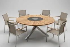 Best Cardiff Garten-Essgruppe, silber/taupe, Edelstahl/Teak, Tisch Ø 170 cm, 6 Stapelsessel, FSC®-zertifiziertes Produkt Garten-Essgruppen