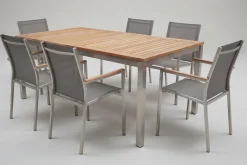 Best Cardiff Garten-Essgruppe, silber/taupe, Edelstahl/Teak, Tisch 180/240 x 100 cm, 6 Stapelsessel, FSC®-zertifiziertes Produkt Garten-Essgruppen
