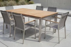 Best Cardiff Garten-Essgruppe, silber/taupe, Edelstahl/Teak, Tisch 180/240 x 100 cm, 6 Stapelsessel, FSC®-zertifiziertes Produkt Garten-Essgruppen