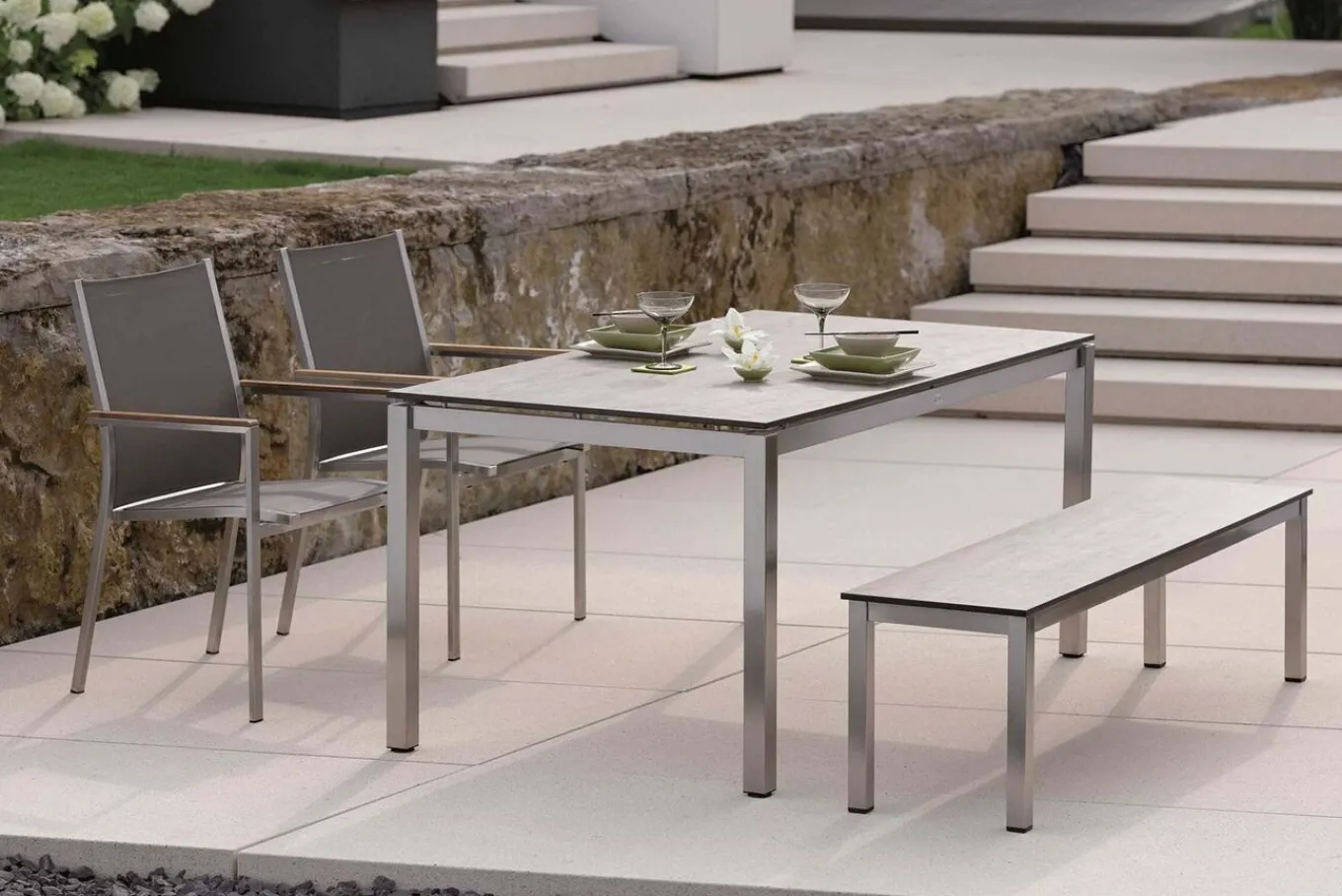 Online Cardiff Stapelsessel, silber/taupe, Edelstahl/Textil, ca. 61x57x92 cm, Armlehnen Teak Edelstahl-Gartenmöbel|Gartenstühle & Gartensessel