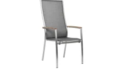 Sale Cardiff Stapelsessel, silbergrau, Edelstahl/Textil/Armlehnen aus Teak, 68,5x56x110 cm, stapelbar Edelstahl-Gartenmöbel|Gartenstühle & Gartensessel