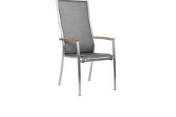 Sale Cardiff Stapelsessel, silbergrau, Edelstahl/Textil/Armlehnen aus Teak, 68,5x56x110 cm, stapelbar Edelstahl-Gartenmöbel|Gartenstühle & Gartensessel