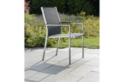 Online Garten-Essgruppe, silber/grau, Edelstahl/Textil/Alu/Glaskeramik, Tisch Ø150cm, 5 Stapelsessel Garten-Essgruppen