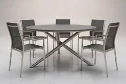 Online Garten-Essgruppe, silber/grau, Edelstahl/Textil/Alu/Glaskeramik, Tisch Ø150cm, 5 Stapelsessel Garten-Essgruppen
