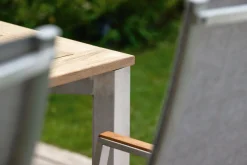 Clearance NEW LEVANTO/PENTA Garten-Essgruppe, greige/Sesam, Aluminium/Textilen/Teak, Tisch 220 x 100 cm, 6 Stapelstühle Garten-Essgruppen|Aluminium-Gartenmöbel
