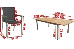 Outlet Polaris Garten-Essgruppe, silbergrau, Edelstahl/Teak, Tisch 200/300 x 100 cm, 6 Stapelsessel, FSC®-zertifiziertes Produkt Garten-Essgruppen