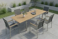 Outlet Polaris Garten-Essgruppe, silbergrau, Edelstahl/Teak, Tisch 200/300 x 100 cm, 6 Stapelsessel, FSC®-zertifiziertes Produkt Garten-Essgruppen