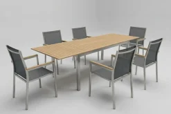 Outlet Polaris Garten-Essgruppe, silbergrau, Edelstahl/Teak, Tisch 200/300 x 100 cm, 6 Stapelsessel, FSC®-zertifiziertes Produkt Garten-Essgruppen