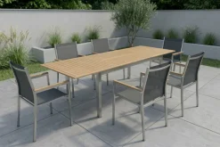 Outlet Polaris Garten-Essgruppe, silbergrau, Edelstahl/Teak, Tisch 200/300 x 100 cm, 6 Stapelsessel, FSC®-zertifiziertes Produkt Garten-Essgruppen