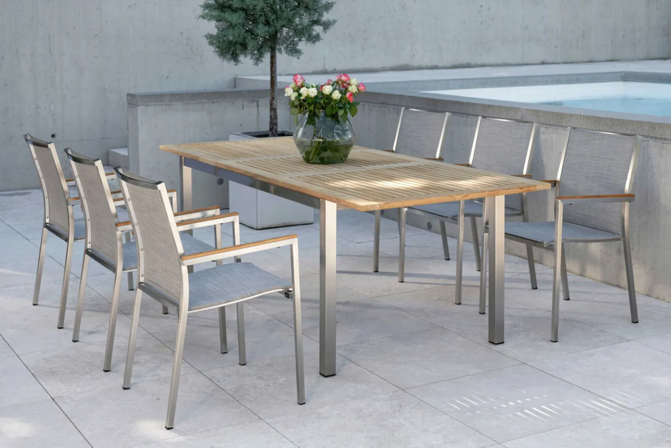 Hot Polaris Garten-Essgruppe, kaschmir, Edelstahl/Teak, Tisch 162/220 x 90 cm, 6 Personen, ausziehbar Garten-Essgruppen