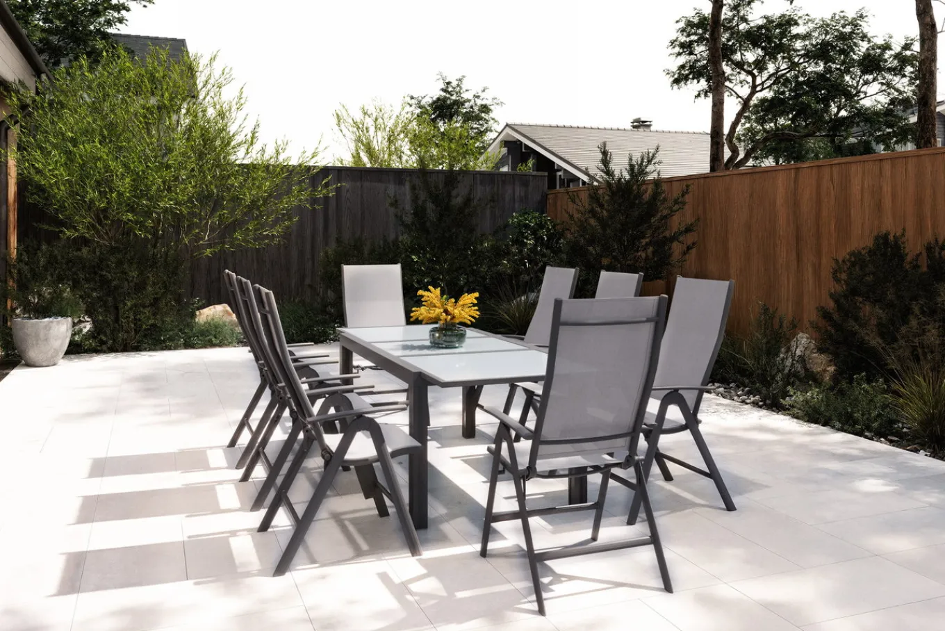 Clearance Garten-Essgruppe, anthrazit/grau, Alu/Textil, Tisch 160 x 220 cm, 8 Klappstühle Garten-Essgruppen