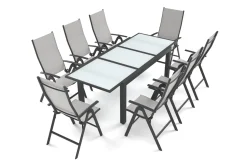 Clearance Garten-Essgruppe, anthrazit/grau, Alu/Textil, Tisch 160 x 220 cm, 8 Klappstühle Garten-Essgruppen