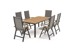 Discount Garten-Essgruppe, anthrazit/naturbelassen, Alu/Eukalyptus/Textilgewebe, Esstisch 180 x 90 cm, 6 Klappstühle, FSC®-zertifiziertes Produkt Garten-Essgruppen|Aluminium-Gartenmöbel