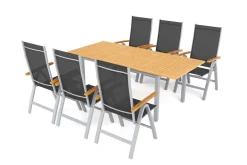Sale Garten-Essgruppe mit 6 Klappstühlen, silber, Alu/Eukalyptus, ausziehbarer Tisch 150/200 x 90 cm, FSC®-zertifiziertes Produkt Garten-Essgruppen|Aluminium-Gartenmöbel