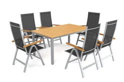 Sale Garten-Essgruppe mit 6 Klappstühlen, silber, Alu/Eukalyptus, ausziehbarer Tisch 150/200 x 90 cm, FSC®-zertifiziertes Produkt Garten-Essgruppen|Aluminium-Gartenmöbel