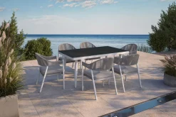 Discount Garten-Essgruppe mit 6 Stapelstühlen, matt weiß/grau, Alu/Polyester, Esstisch 155 x 90 cm Garten-Essgruppen|Aluminium-Gartenmöbel