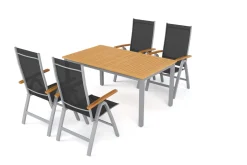 New Garten-Essgruppe mit 4 Klappstühlen, silber, Alu/Eukalyptus, ausziehbarer Tisch 150/200 x 90 cm, FSC®-zertifiziertes Produkt Garten-Essgruppen|Aluminium-Gartenmöbel