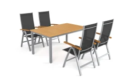 New Garten-Essgruppe mit 4 Klappstühlen, silber, Alu/Eukalyptus, ausziehbarer Tisch 150/200 x 90 cm, FSC®-zertifiziertes Produkt Garten-Essgruppen|Aluminium-Gartenmöbel