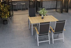New Garten-Essgruppe mit 4 Klappstühlen, silber, Alu/Eukalyptus, ausziehbarer Tisch 150/200 x 90 cm, FSC®-zertifiziertes Produkt Garten-Essgruppen|Aluminium-Gartenmöbel